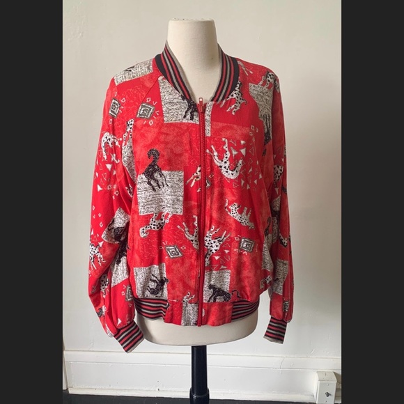 Vintage Giraffe Print Red Bomber Jacket 1990's 90's Animal Safari Bomber Jacket - Picture 2 of 10